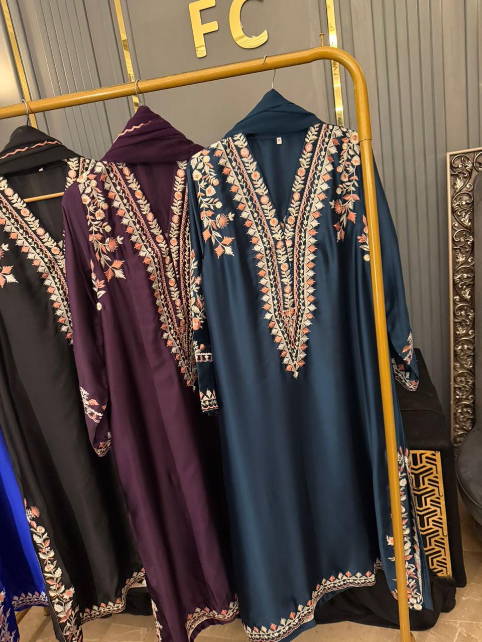 Luxury Russian Silk Heavy Embroidered 3PC Suit With Chiffon Dupatta (Long Length)