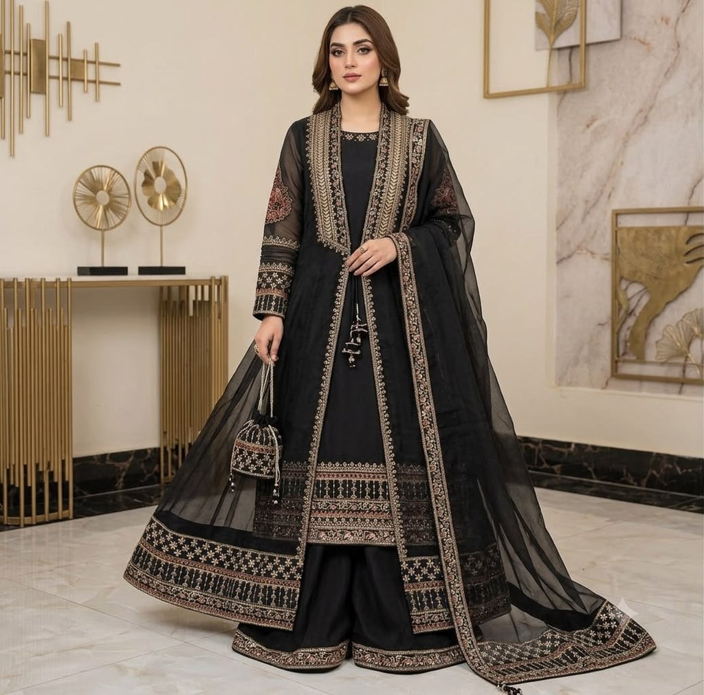 Luxury Pure Khaddi Organza Handwork Festive Gown 5PC Set With Embroidered Plazzo & Potli Bag