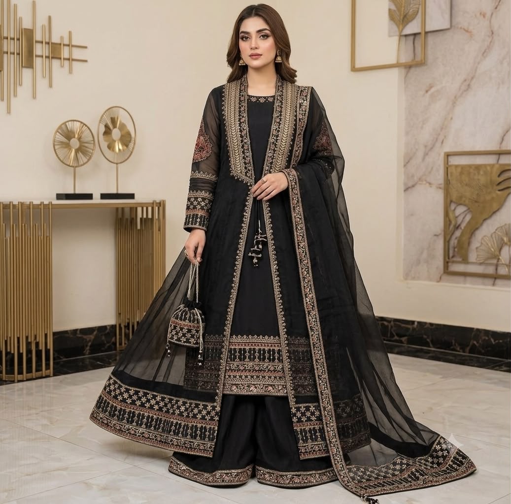 Luxury Pure Khaddi Organza Handwork Festive Gown 5PC Set With Embroidered Plazzo & Potli Bag