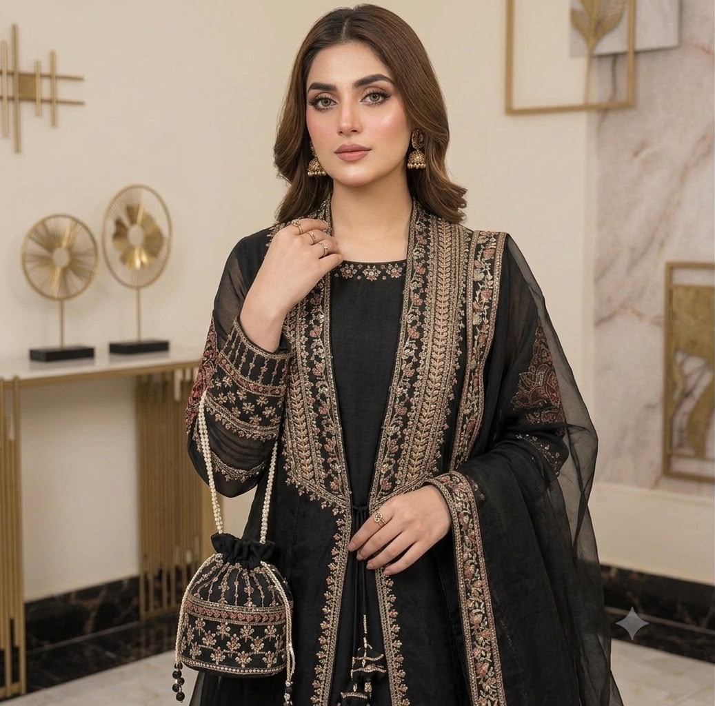 Luxury Pure Khaddi Organza Handwork Festive Gown 5PC Set With Embroidered Plazzo & Potli Bag