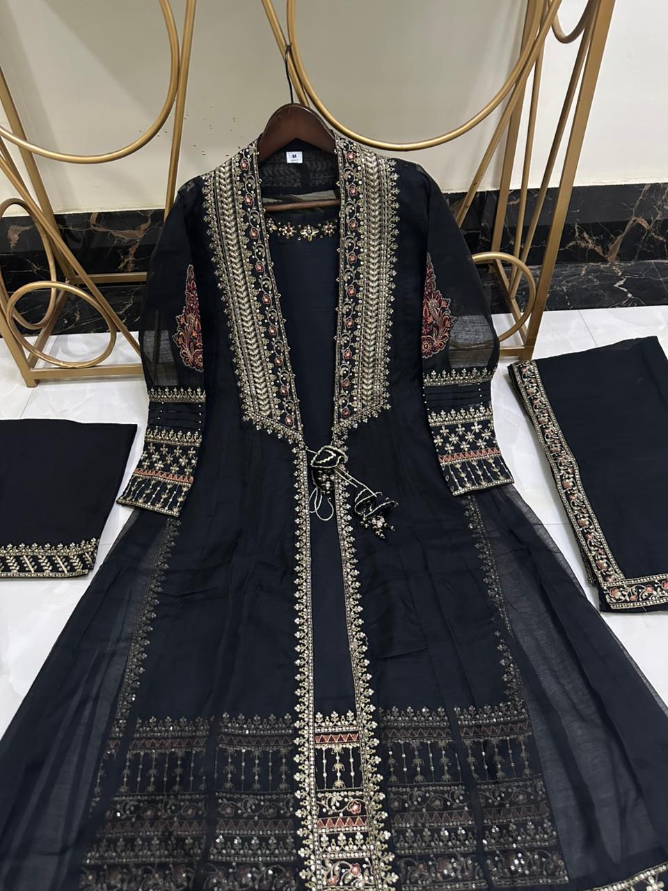 Luxury Pure Khaddi Organza Handwork Festive Gown 5PC Set With Embroidered Plazzo & Potli Bag