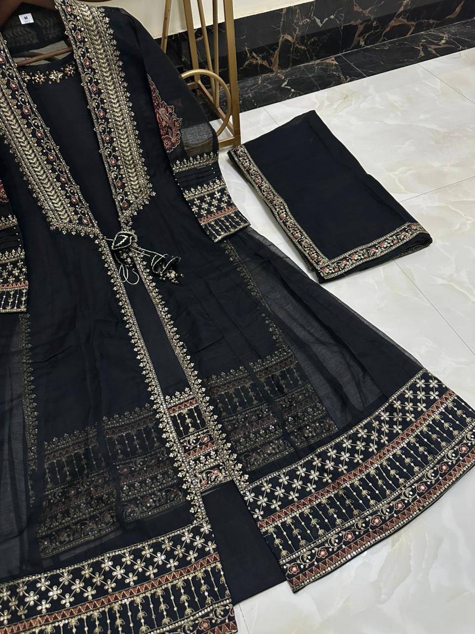 Luxury Pure Khaddi Organza Handwork Festive Gown 5PC Set With Embroidered Plazzo & Potli Bag