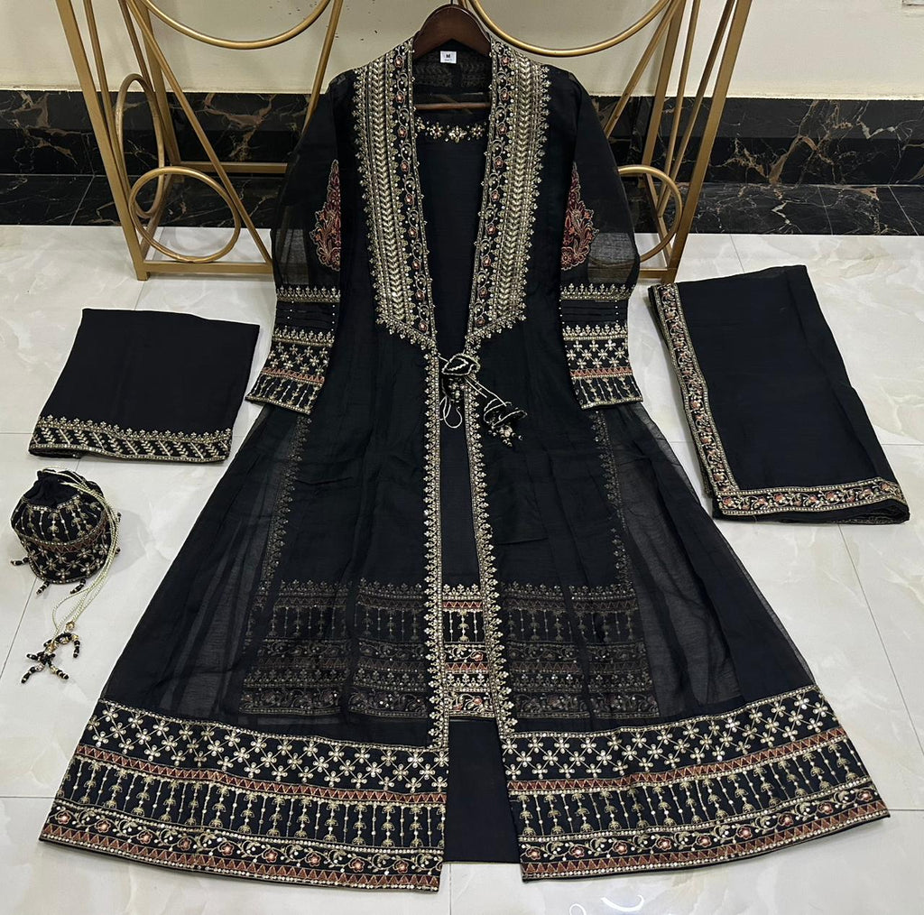 Luxury Pure Khaddi Organza Handwork Festive Gown 5PC Set With Embroidered Plazzo & Potli Bag
