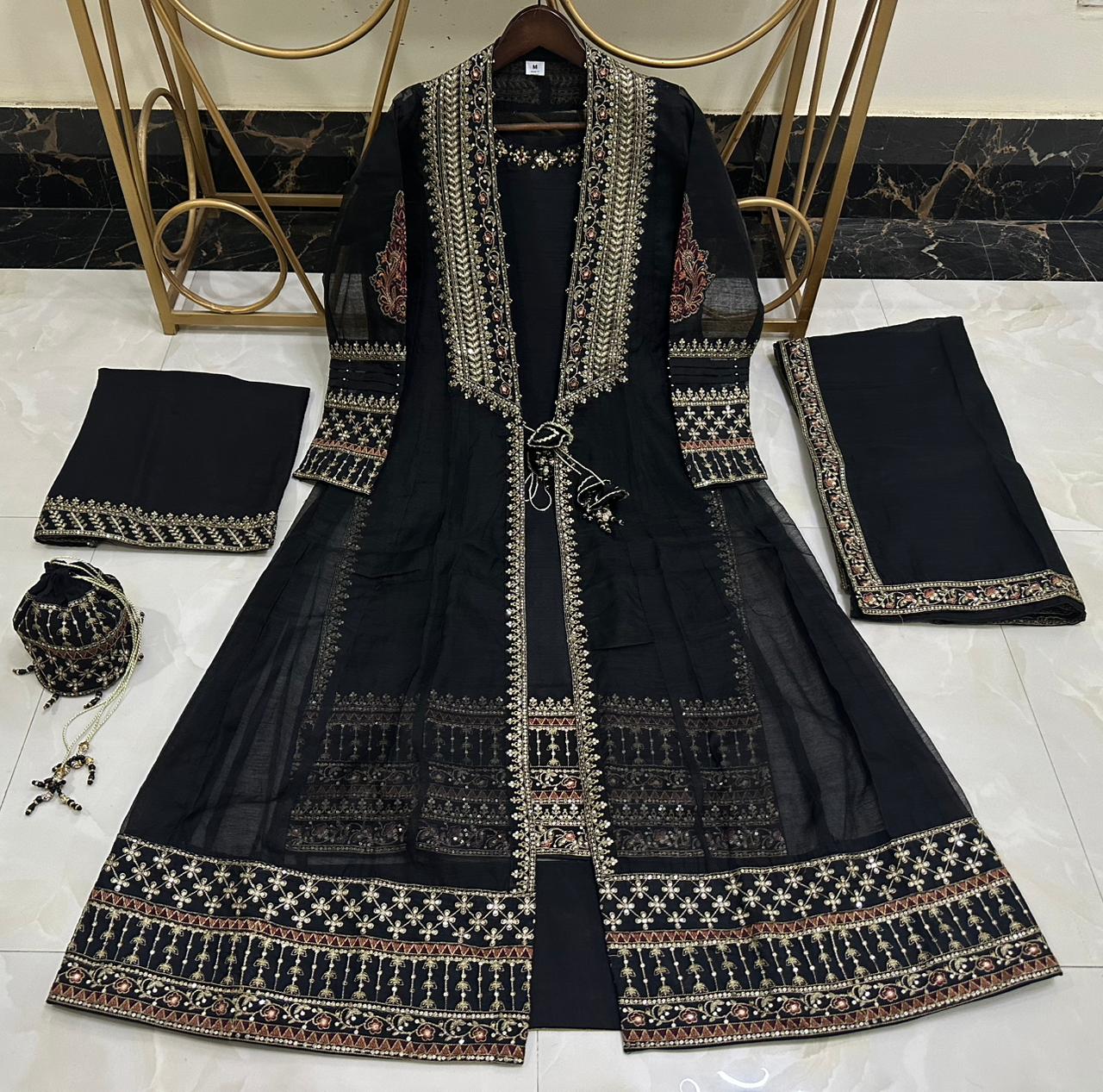 Luxury Pure Khaddi Organza Handwork Festive Gown 5PC Set With Embroidered Plazzo & Potli Bag