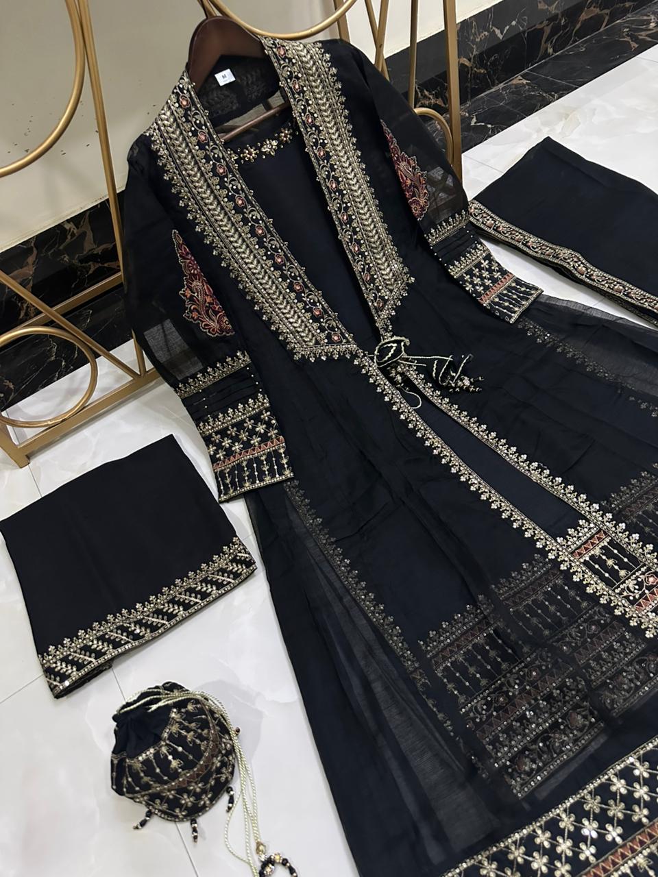 Luxury Pure Khaddi Organza Handwork Festive Gown 5PC Set With Embroidered Plazzo & Potli Bag