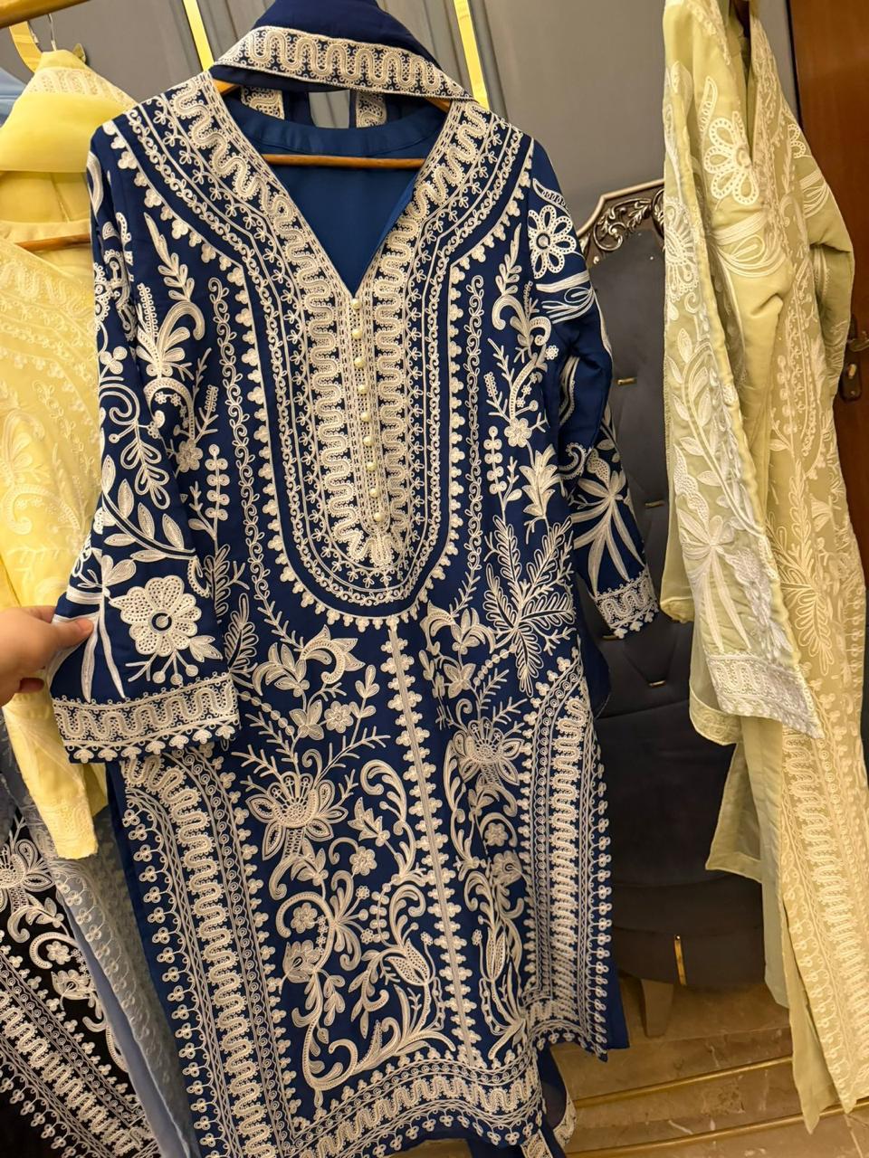 Sana Safinaz Inspired Heavy Aariwork Chiffon 3PC Suit With Raw Silk Trouser