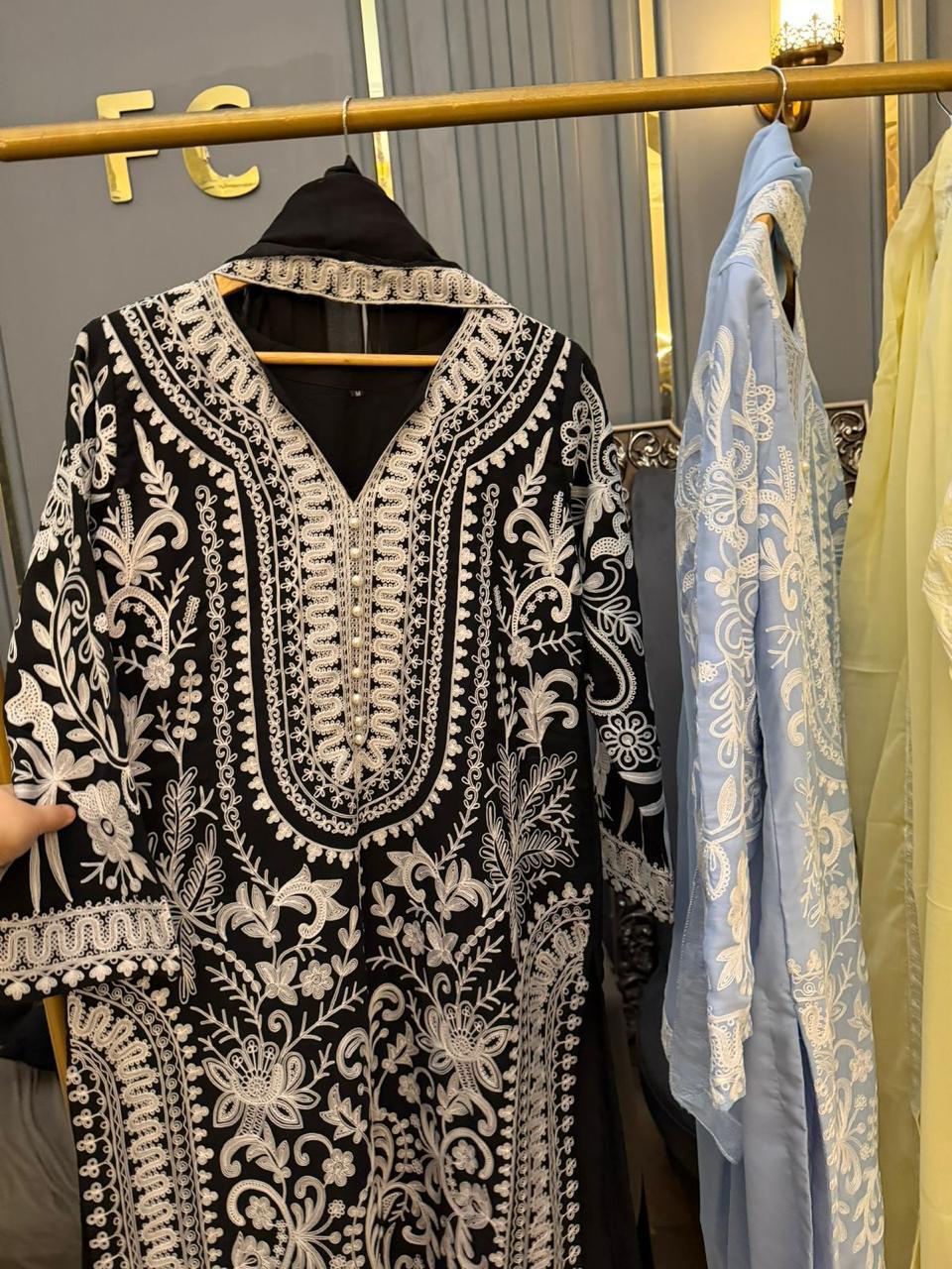 Sana Safinaz Inspired Heavy Aariwork Chiffon 3PC Suit With Raw Silk Trouser