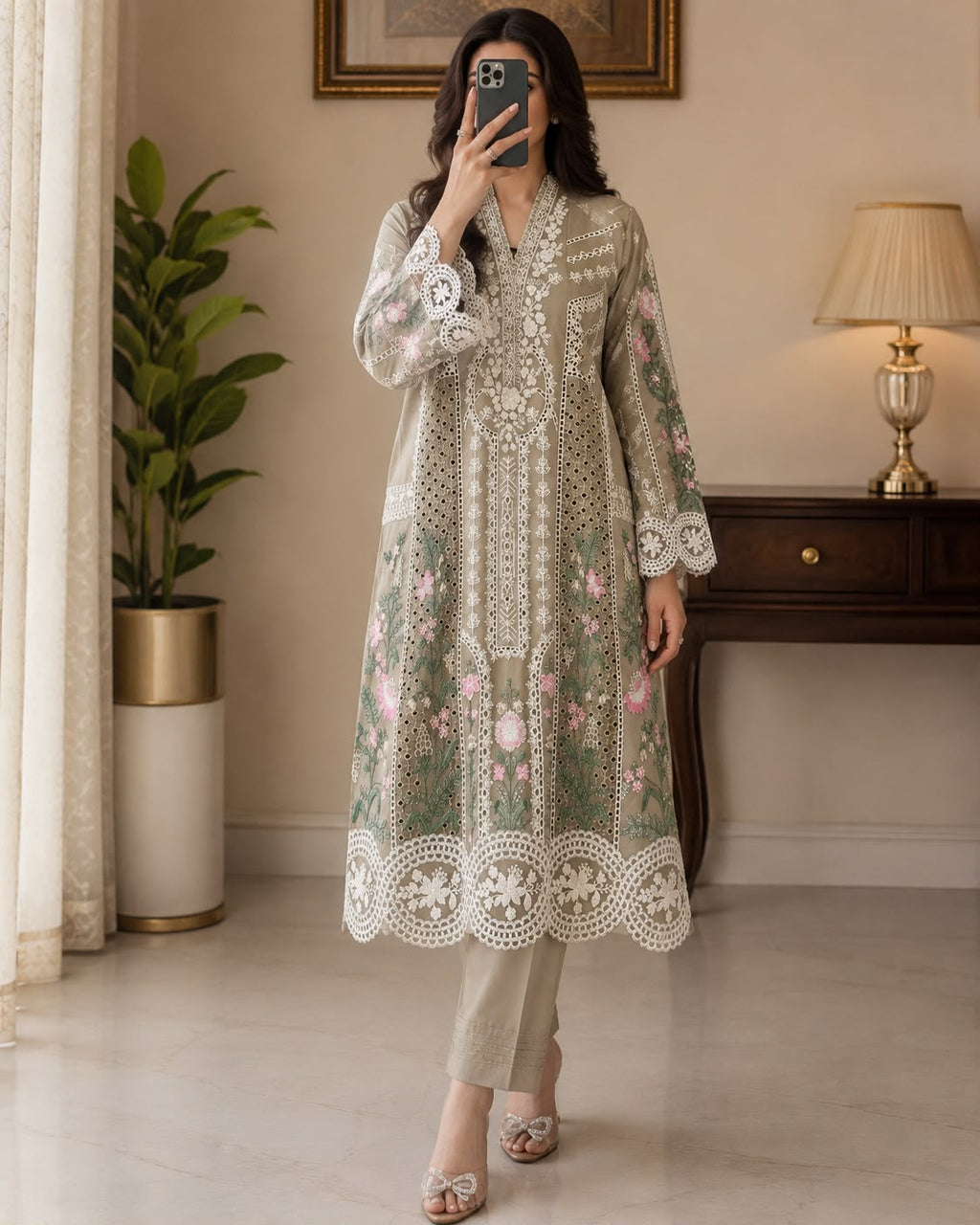 Elegant Chikankari Embroidered Long Shirt 3PC Suit With Shaded Chiffon Dupatta
