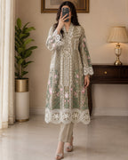 Elegant Chikankari Embroidered Long Shirt 3PC Suit With Shaded Chiffon Dupatta