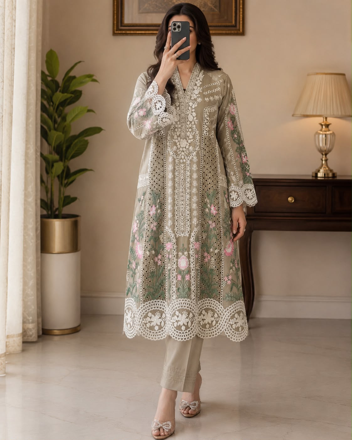 Elegant Chikankari Embroidered Long Shirt 3PC Suit With Shaded Chiffon Dupatta