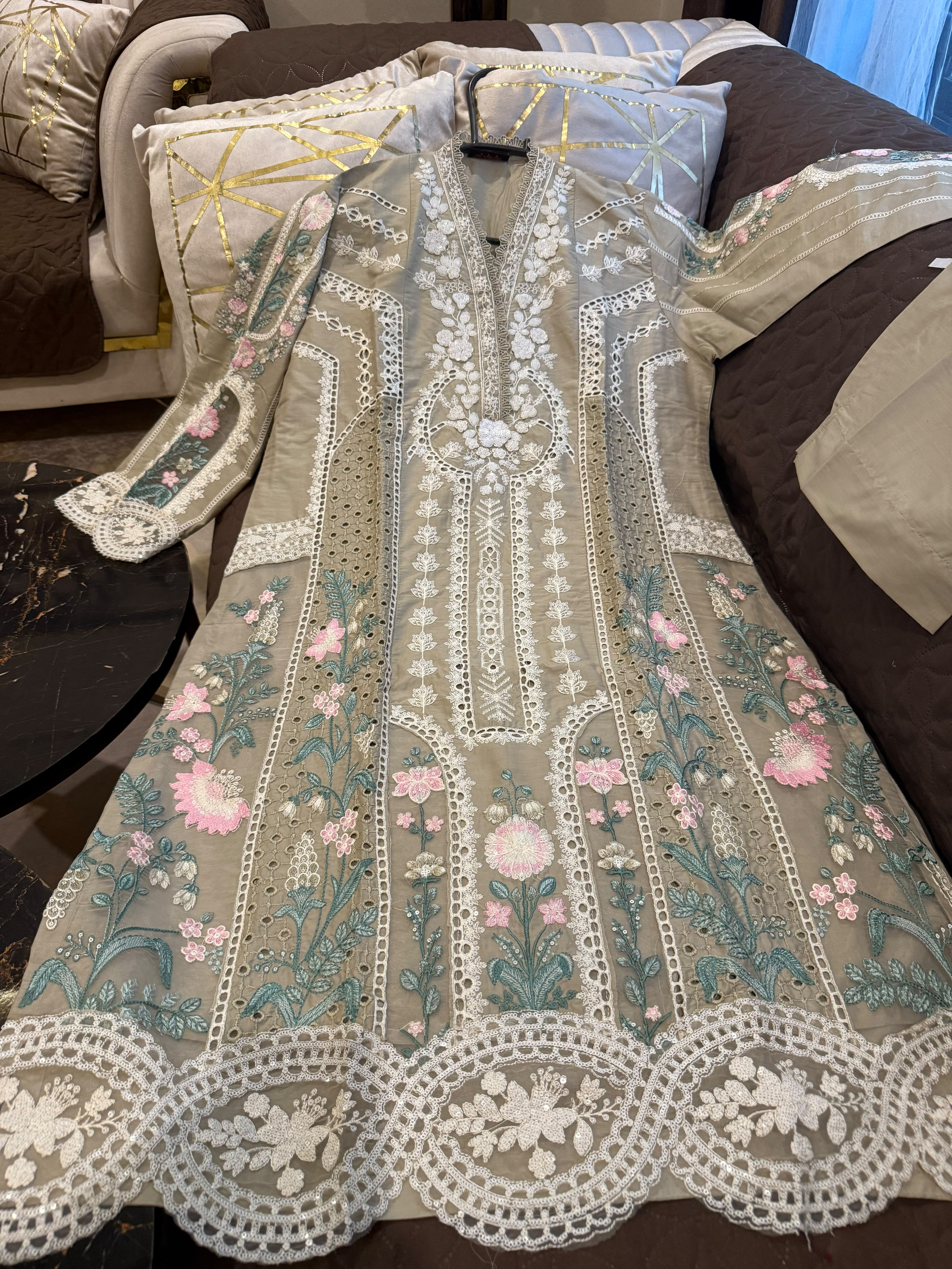 Elegant Chikankari Embroidered Long Shirt 3PC Suit With Shaded Chiffon Dupatta