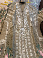 Elegant Chikankari Embroidered Long Shirt 3PC Suit With Shaded Chiffon Dupatta