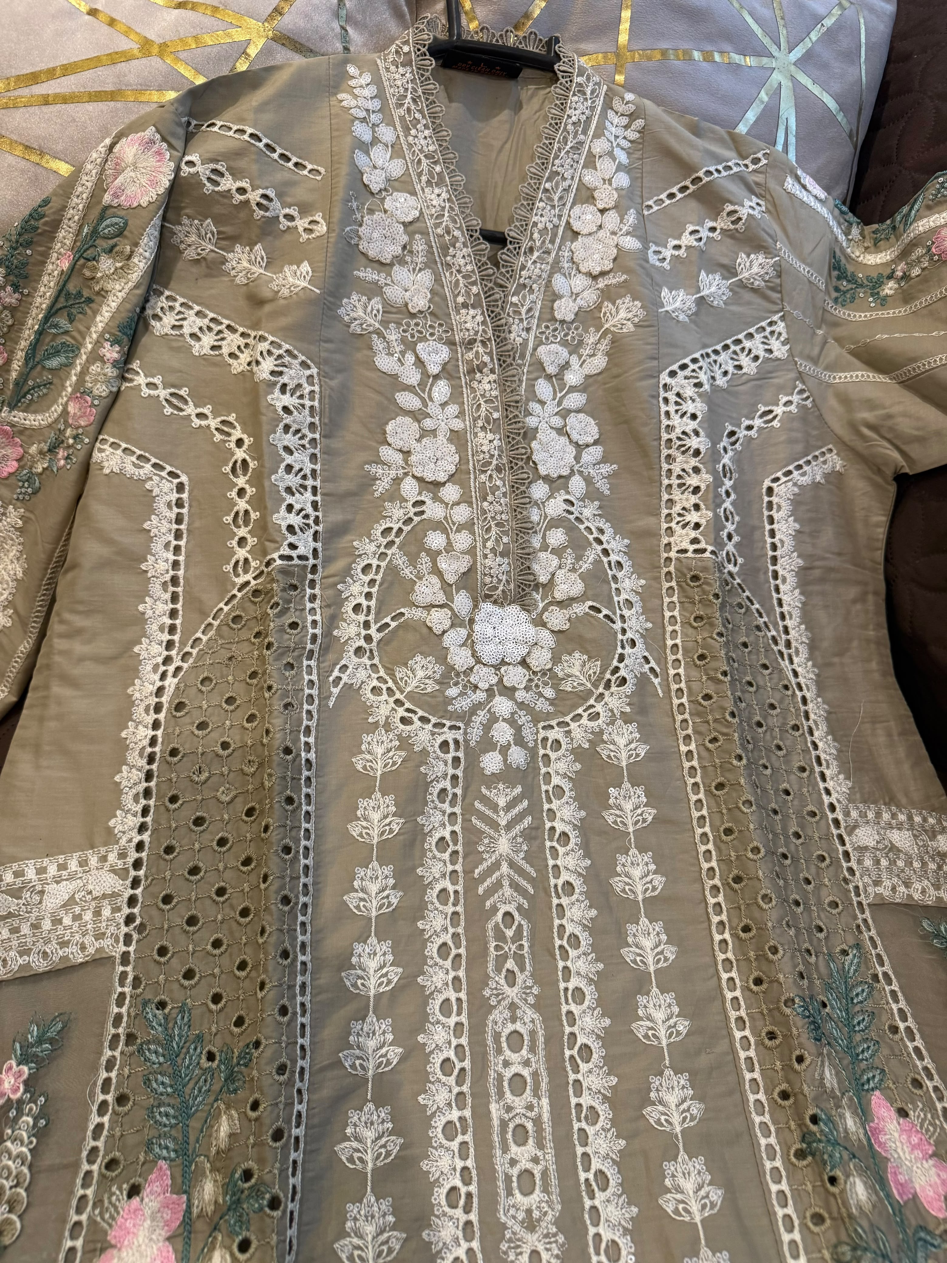 Elegant Chikankari Embroidered Long Shirt 3PC Suit With Shaded Chiffon Dupatta