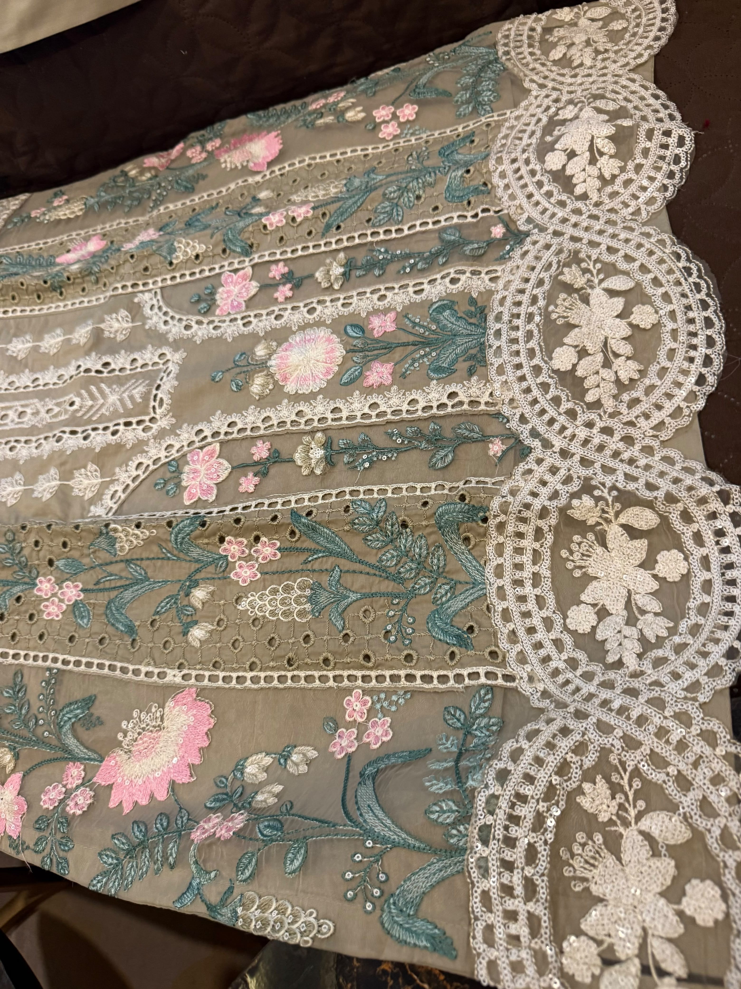 Elegant Chikankari Embroidered Long Shirt 3PC Suit With Shaded Chiffon Dupatta