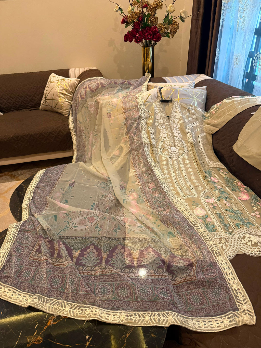 Elegant Chikankari Embroidered Long Shirt 3PC Suit With Shaded Chiffon Dupatta