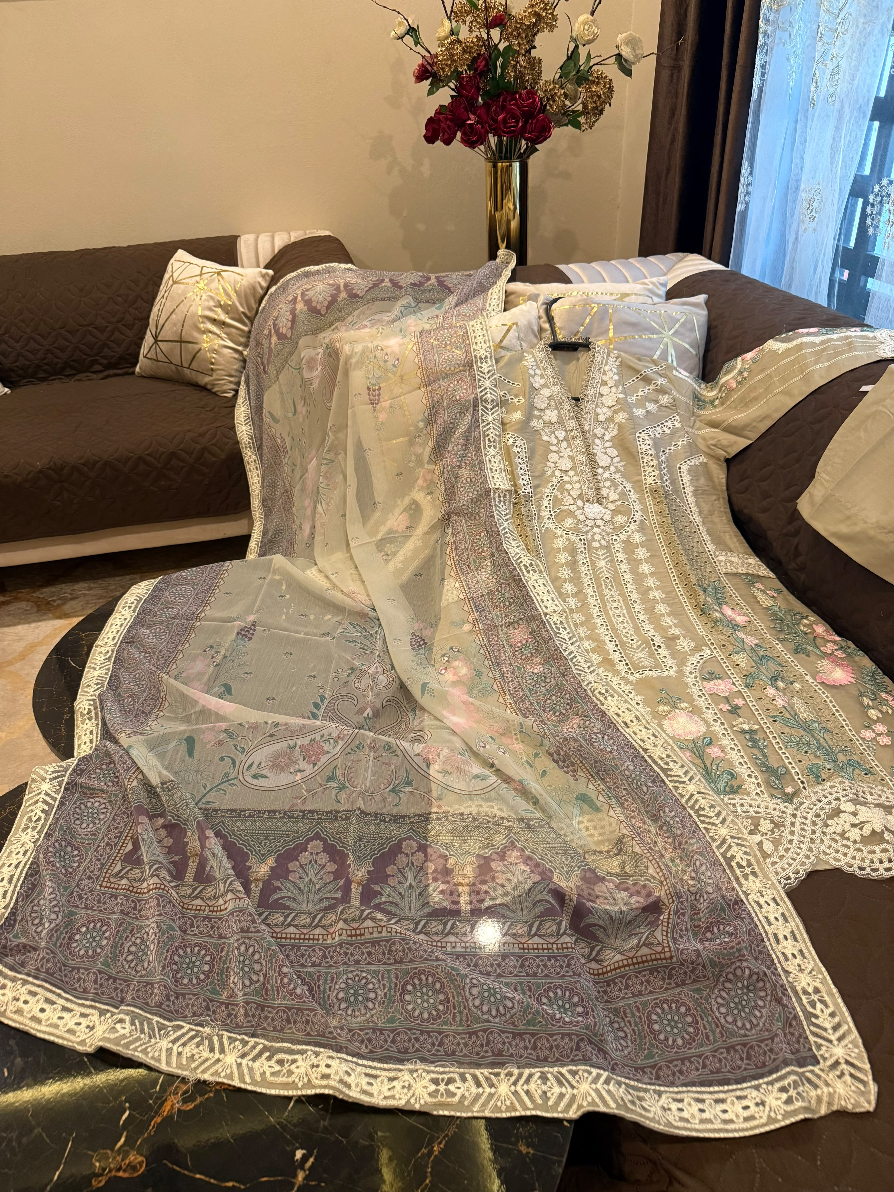 Elegant Chikankari Embroidered Long Shirt 3PC Suit With Shaded Chiffon Dupatta