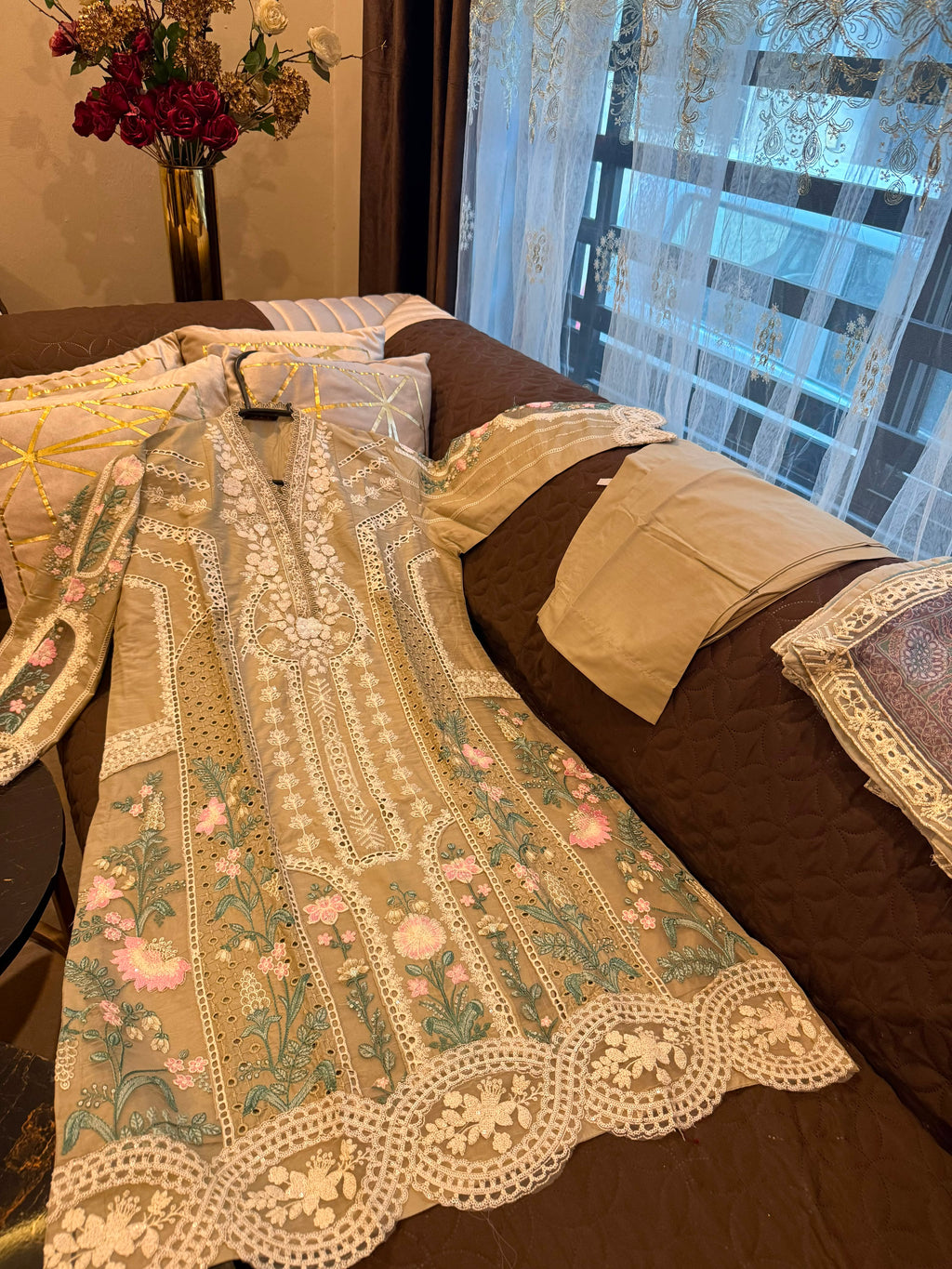 Elegant Chikankari Embroidered Long Shirt 3PC Suit With Shaded Chiffon Dupatta