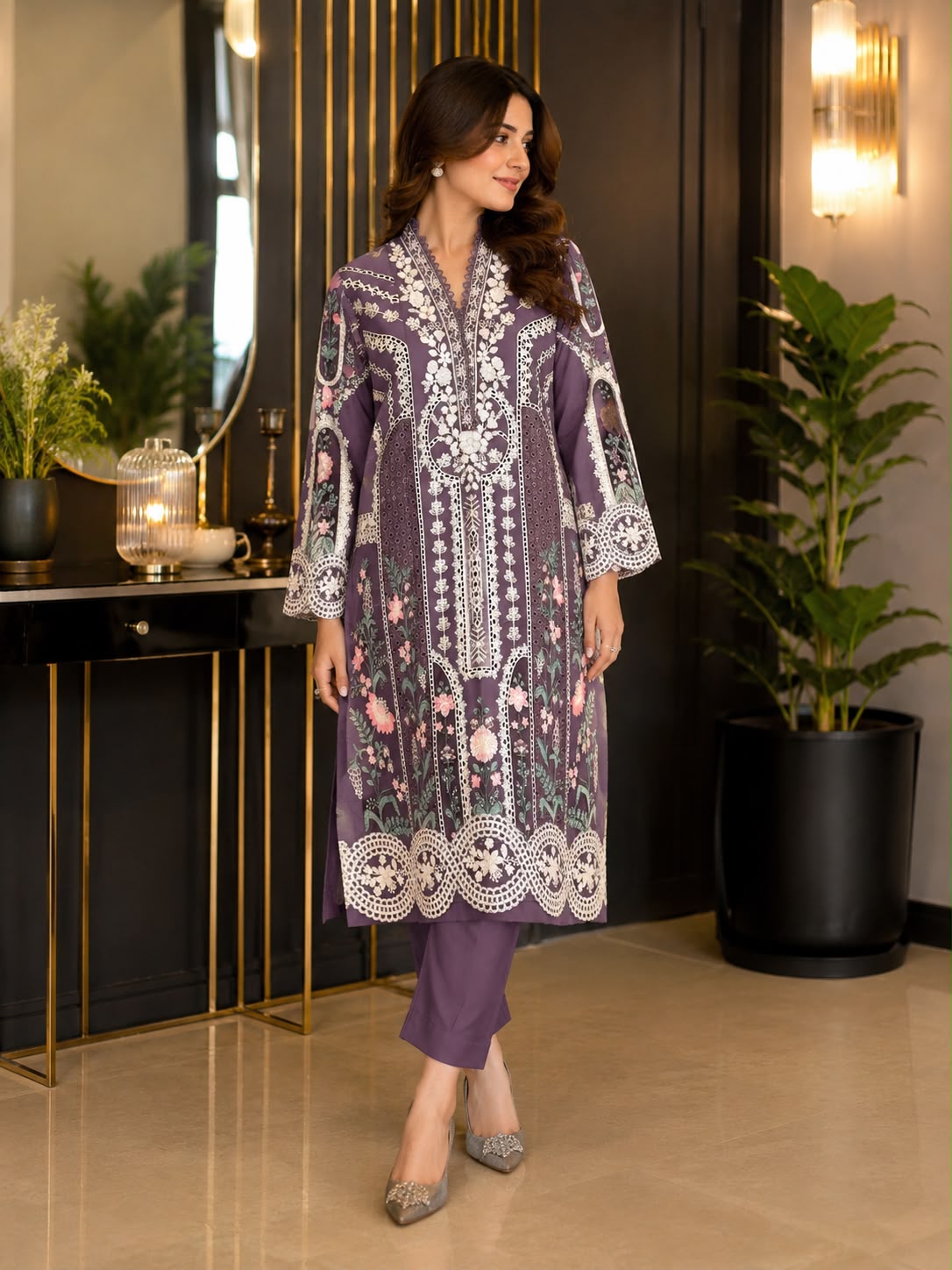 Elegant Chikankari Embroidered Long Shirt 3PC Suit With Shaded Chiffon Dupatta