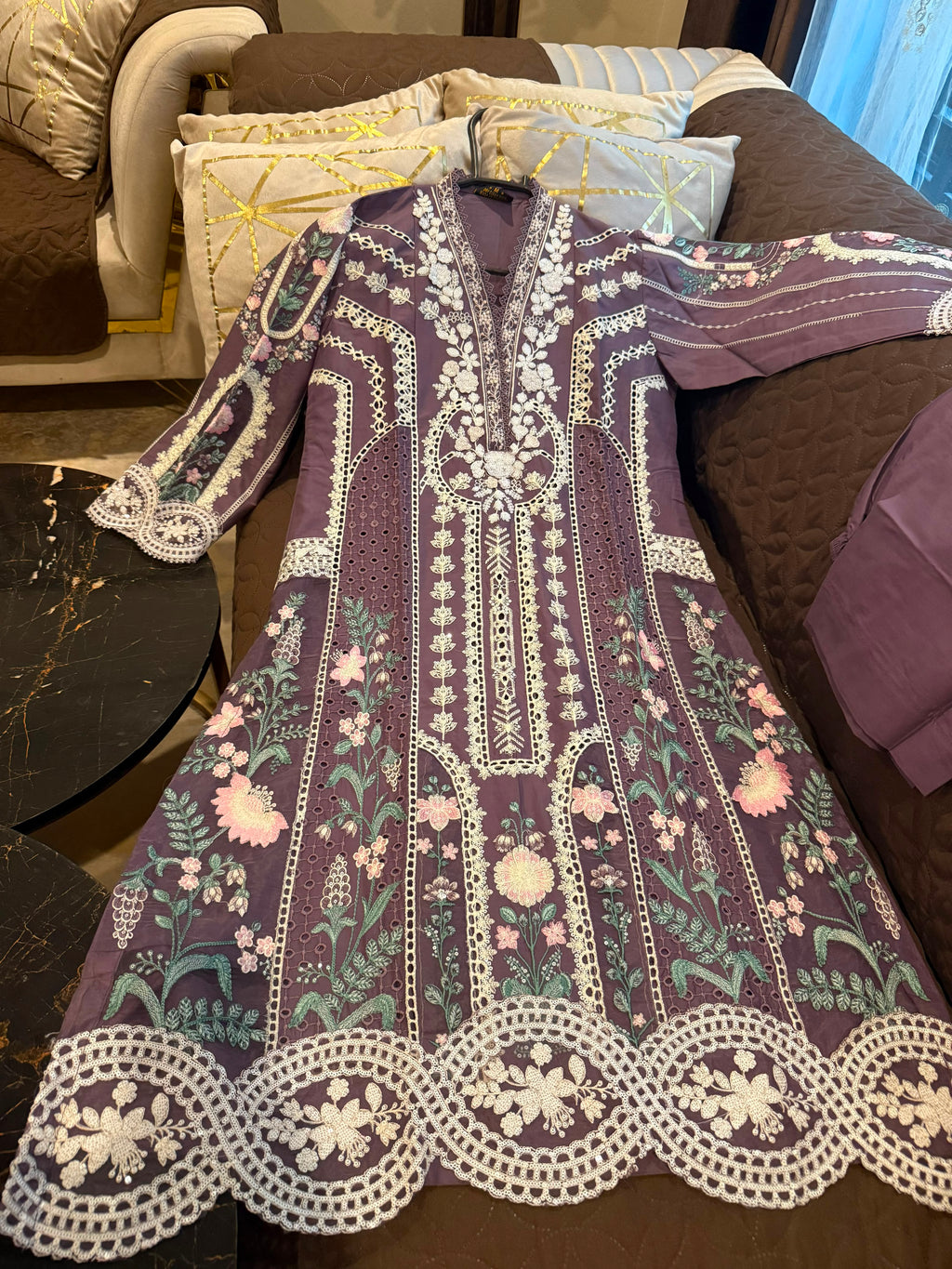 Elegant Chikankari Embroidered Long Shirt 3PC Suit With Shaded Chiffon Dupatta
