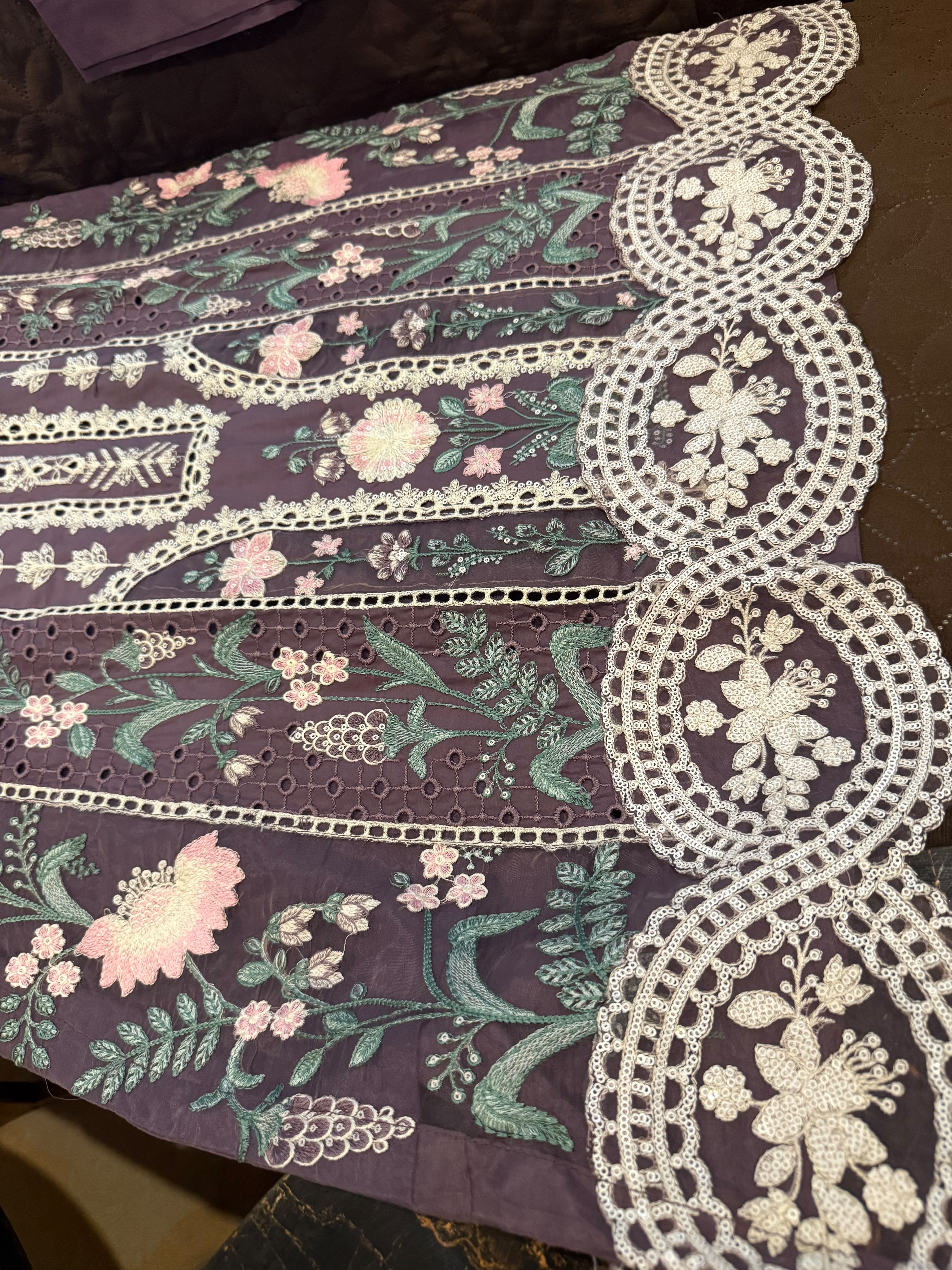Elegant Chikankari Embroidered Long Shirt 3PC Suit With Shaded Chiffon Dupatta
