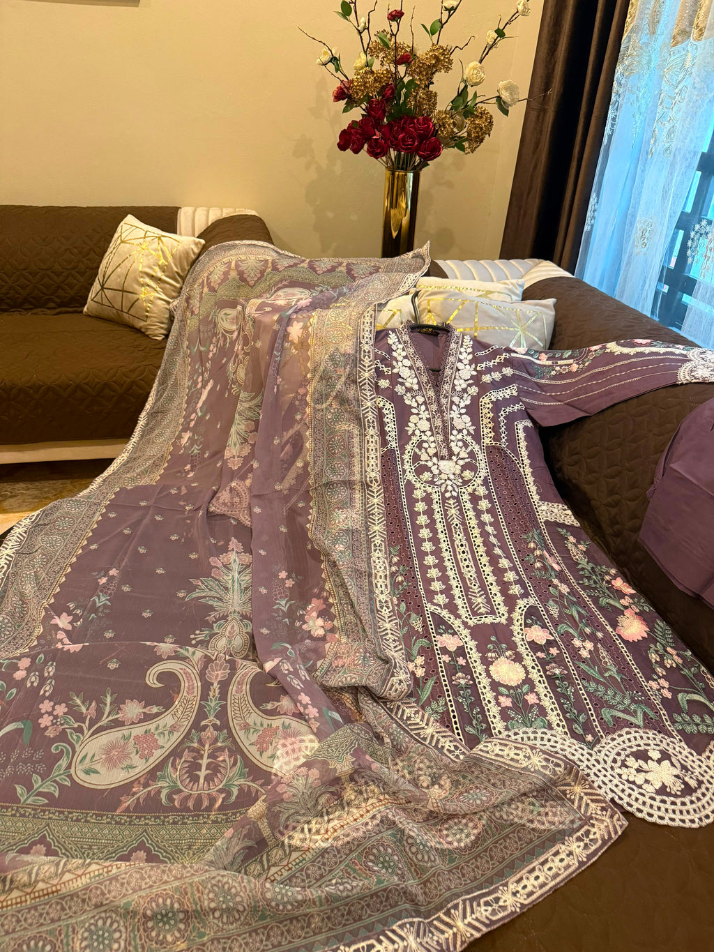 Elegant Chikankari Embroidered Long Shirt 3PC Suit With Shaded Chiffon Dupatta
