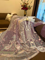 Elegant Chikankari Embroidered Long Shirt 3PC Suit With Shaded Chiffon Dupatta