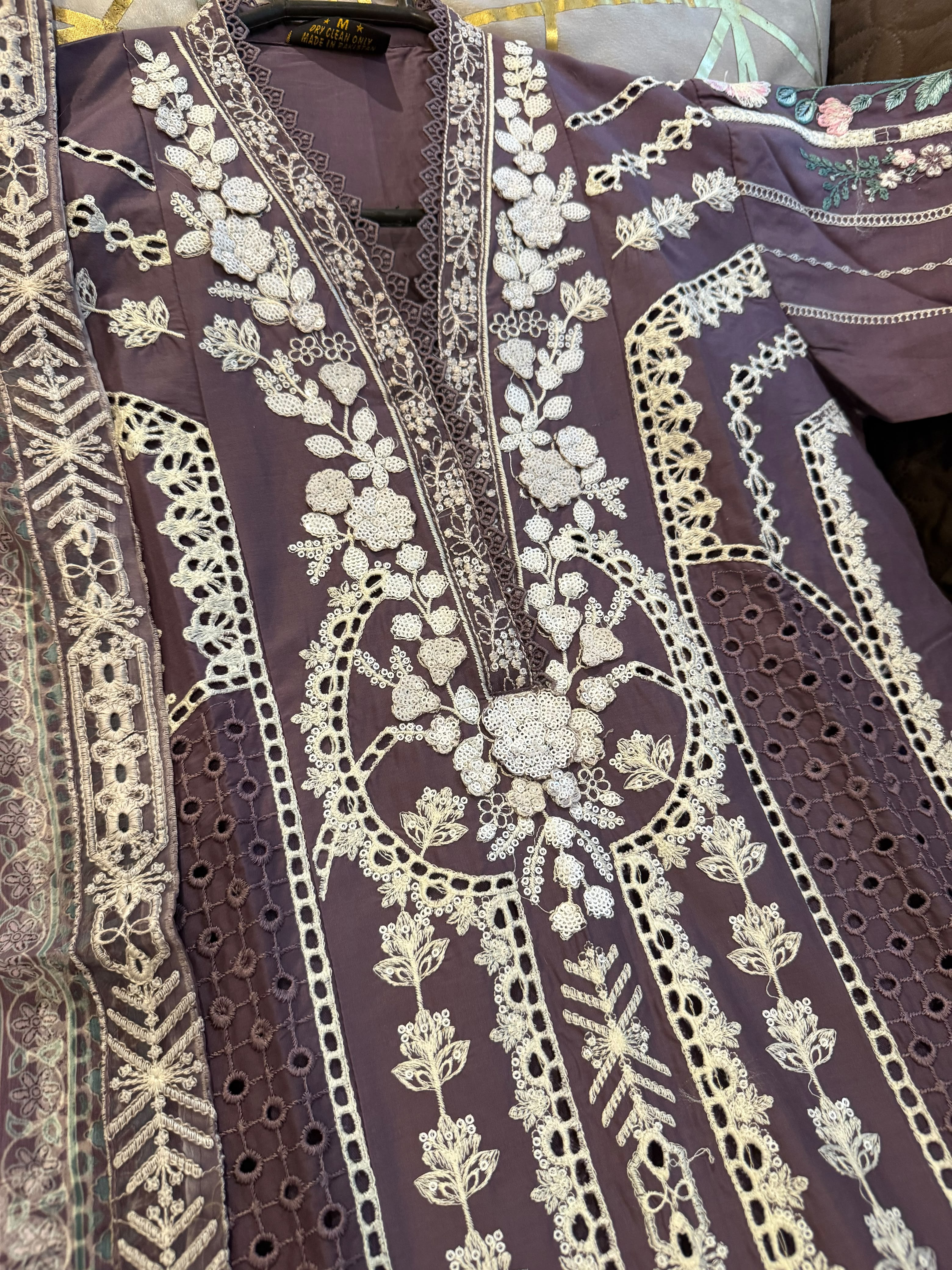 Elegant Chikankari Embroidered Long Shirt 3PC Suit With Shaded Chiffon Dupatta