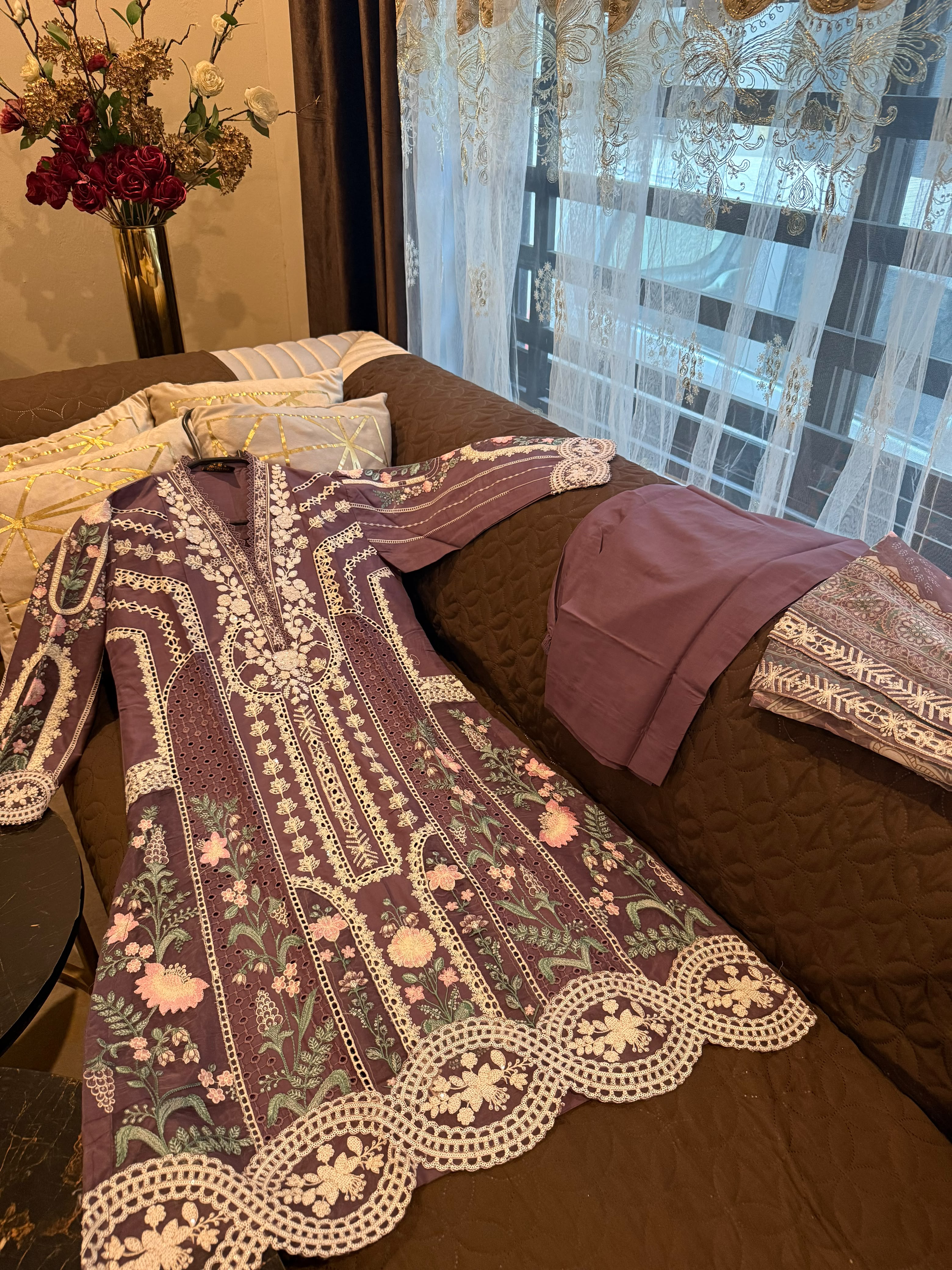 Elegant Chikankari Embroidered Long Shirt 3PC Suit With Shaded Chiffon Dupatta