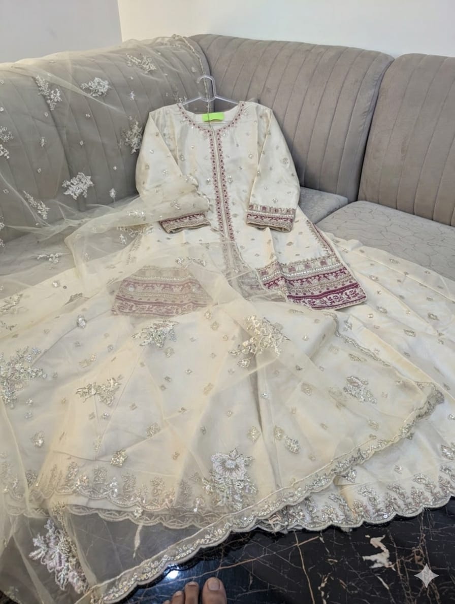 Premium Indian Silk Embroidered 3PC Suit With Heavy Flairy Sharara & Organza Dupatta