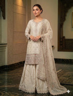Premium Indian Silk Embroidered 3PC Suit With Heavy Flairy Sharara & Organza Dupatta