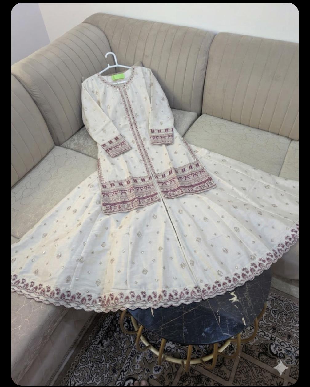 Premium Indian Silk Embroidered 3PC Suit With Heavy Flairy Sharara & Organza Dupatta