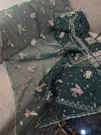 Premium Indian Silk Embroidered 3PC Suit With Heavy Flairy Sharara & Organza Dupatta