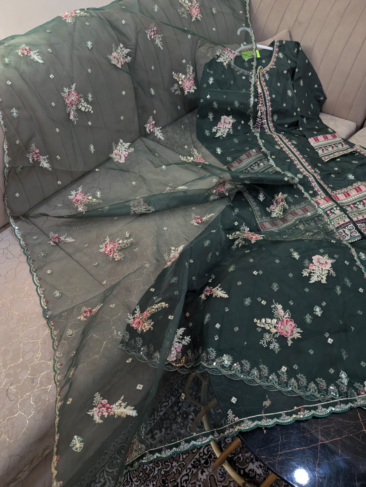 Premium Indian Silk Embroidered 3PC Suit With Heavy Flairy Sharara & Organza Dupatta