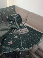 Premium Indian Silk Embroidered 3PC Suit With Heavy Flairy Sharara & Organza Dupatta
