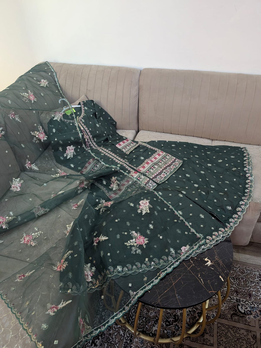 Premium Indian Silk Embroidered 3PC Suit With Heavy Flairy Sharara & Organza Dupatta