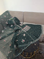 Premium Indian Silk Embroidered 3PC Suit With Heavy Flairy Sharara & Organza Dupatta