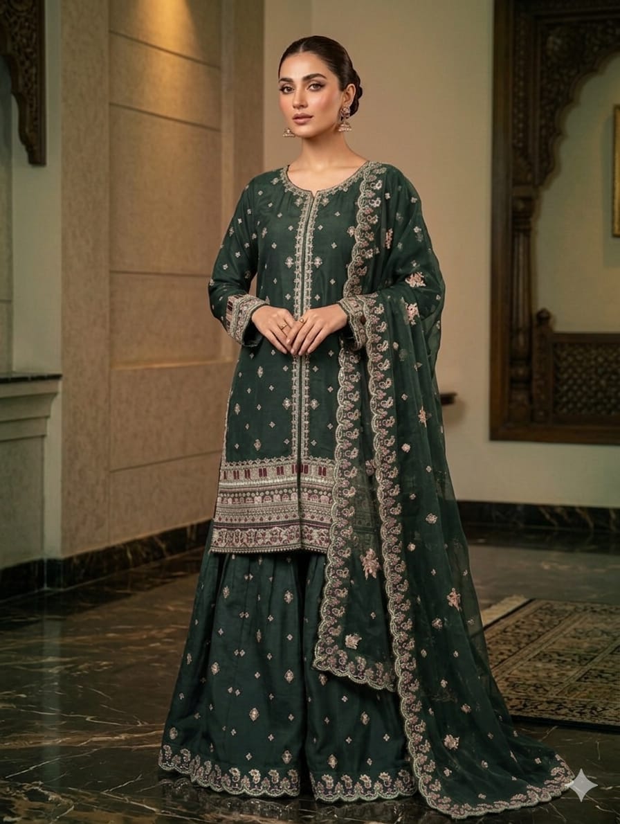 Premium Indian Silk Embroidered 3PC Suit With Heavy Flairy Sharara & Organza Dupatta