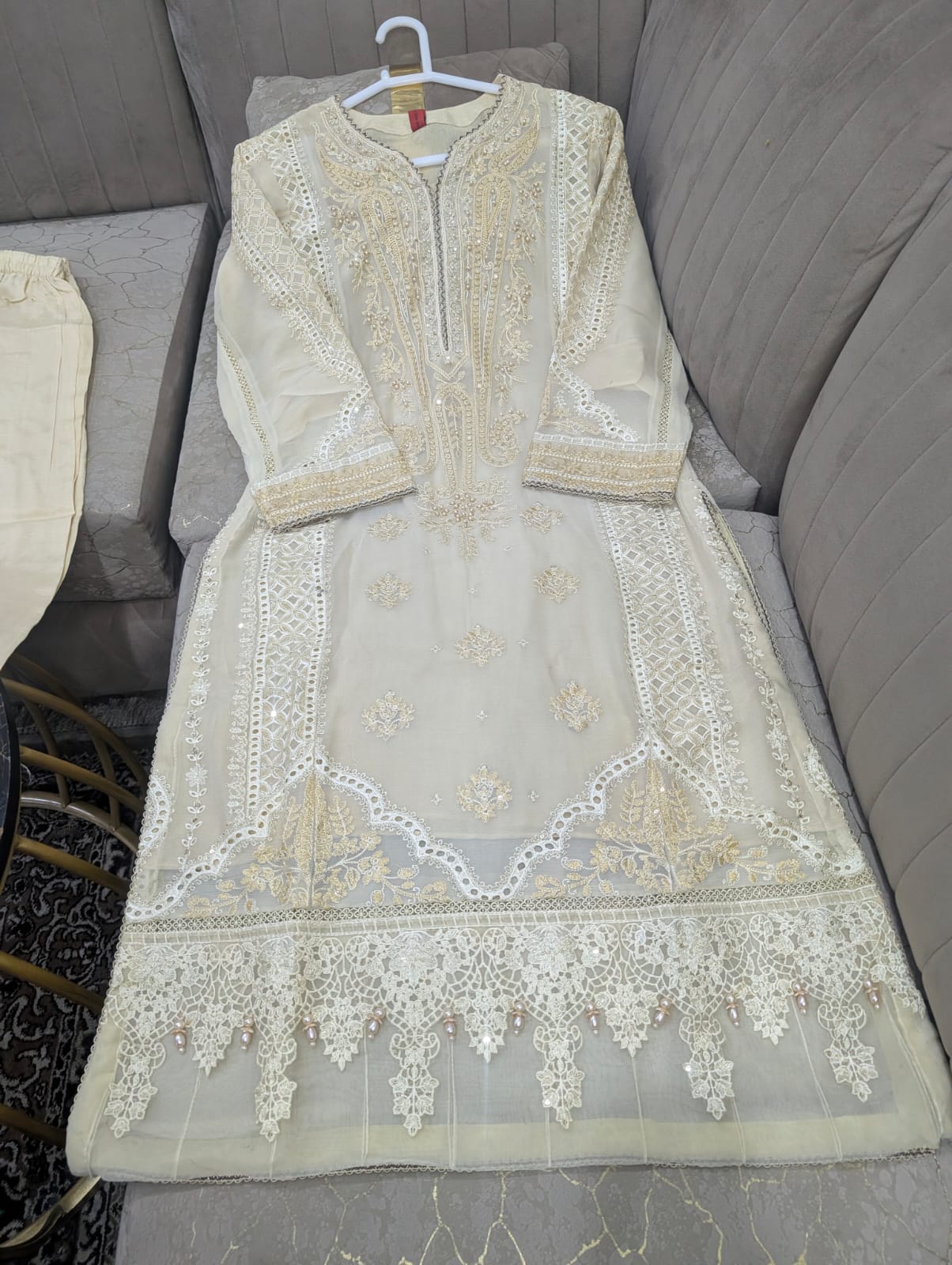 Luxury Chiffon Embroidered 3PC Suit With Boring Work Shirt & Embroidered Palazzo