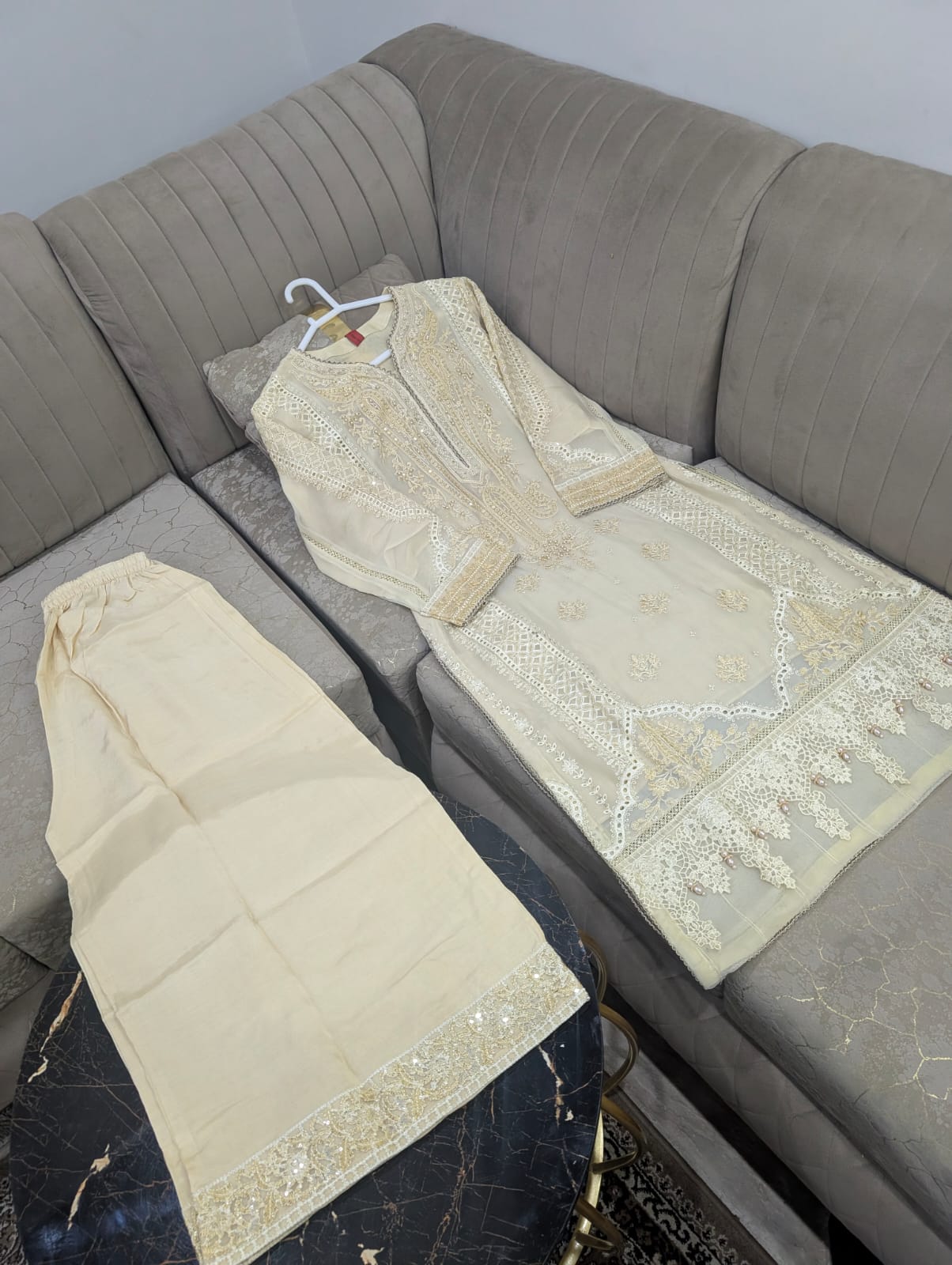 Luxury Chiffon Embroidered 3PC Suit With Boring Work Shirt & Embroidered Palazzo