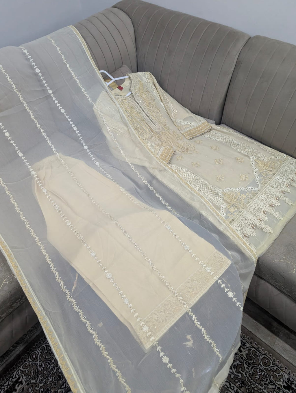 Luxury Chiffon Embroidered 3PC Suit With Boring Work Shirt & Embroidered Palazzo
