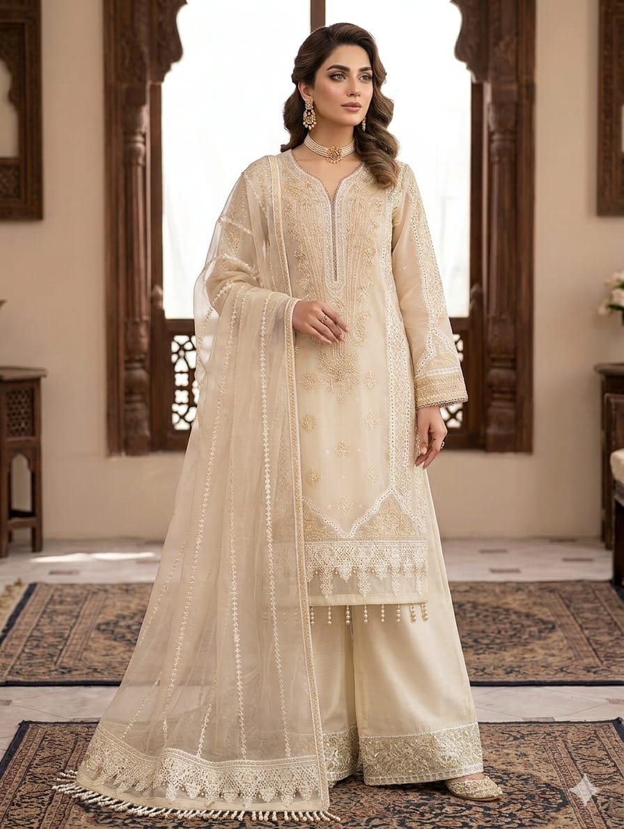 Luxury Chiffon Embroidered 3PC Suit With Boring Work Shirt & Embroidered Palazzo