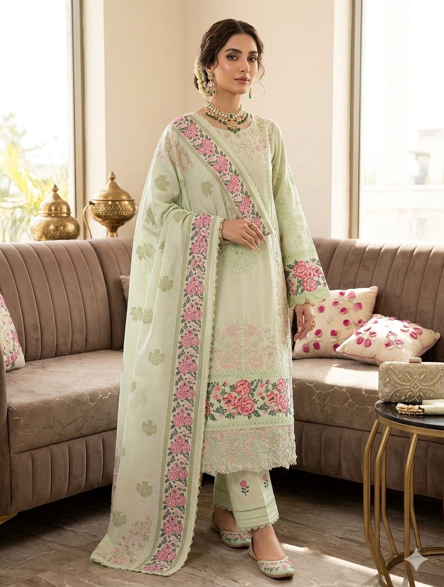 Premium Lawn Boring Work 3PC Suit With Digital Printed Dupatta & Plain Trouser