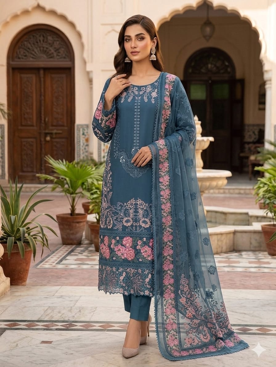 Premium Lawn Boring Work 3PC Suit With Digital Printed Dupatta & Plain Trouser