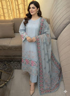 Premium Lawn Boring Work 3PC Suit With Digital Printed Dupatta & Plain Trouser