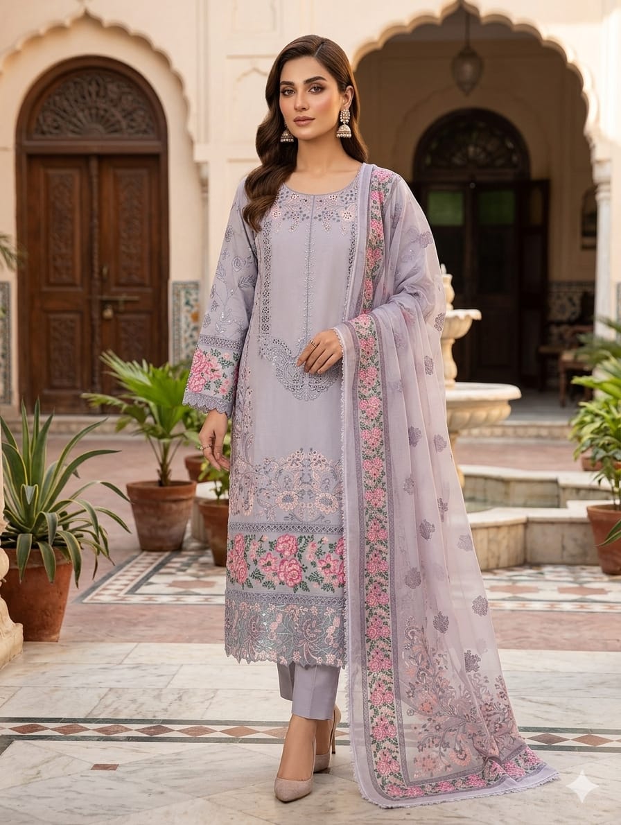 Premium Lawn Boring Work 3PC Suit With Digital Printed Dupatta & Plain Trouser