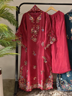 Trendy Farshi Luxury Silk Kaftan 3PC Suit With Cutwork Sheesha Silk Dupatta