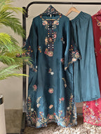 Trendy Farshi Luxury Silk Kaftan 3PC Suit With Cutwork Sheesha Silk Dupatta