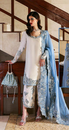 Hussain Rehar - The Scent Luxury Pret Raw Silk 3PC Suit With Organza Dupatta (Off-White & Ice Blue)