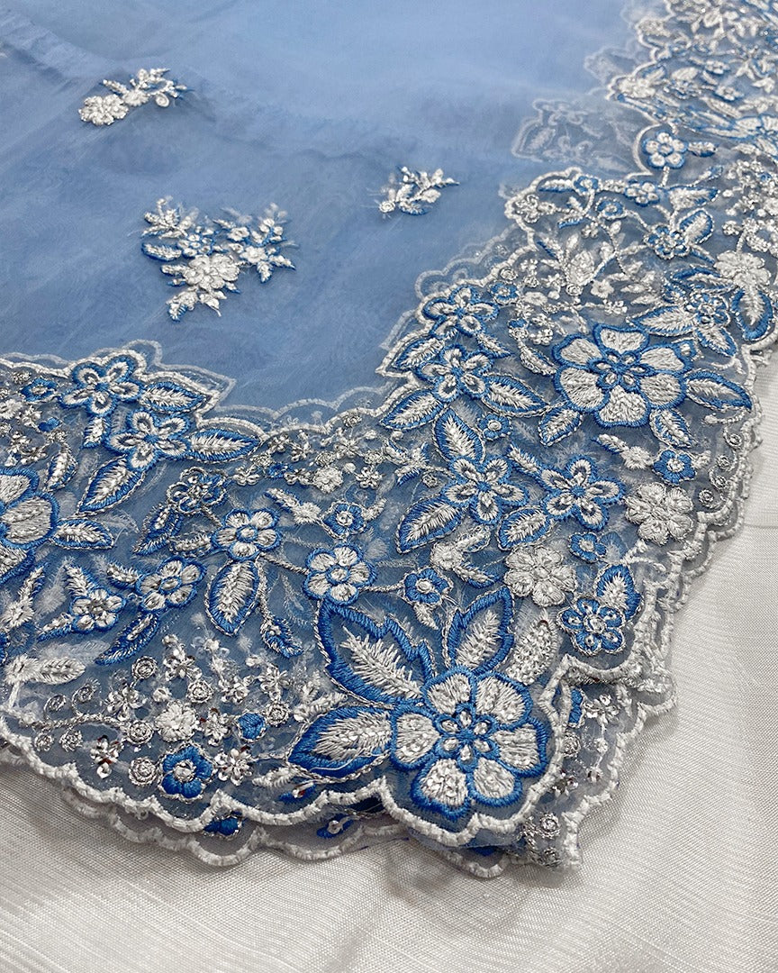 Hussain Rehar - The Scent Luxury Pret Raw Silk 3PC Suit With Organza Dupatta (Off-White & Ice Blue)