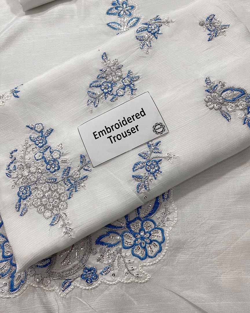 Hussain Rehar - The Scent Luxury Pret Raw Silk 3PC Suit With Organza Dupatta (Off-White & Ice Blue)